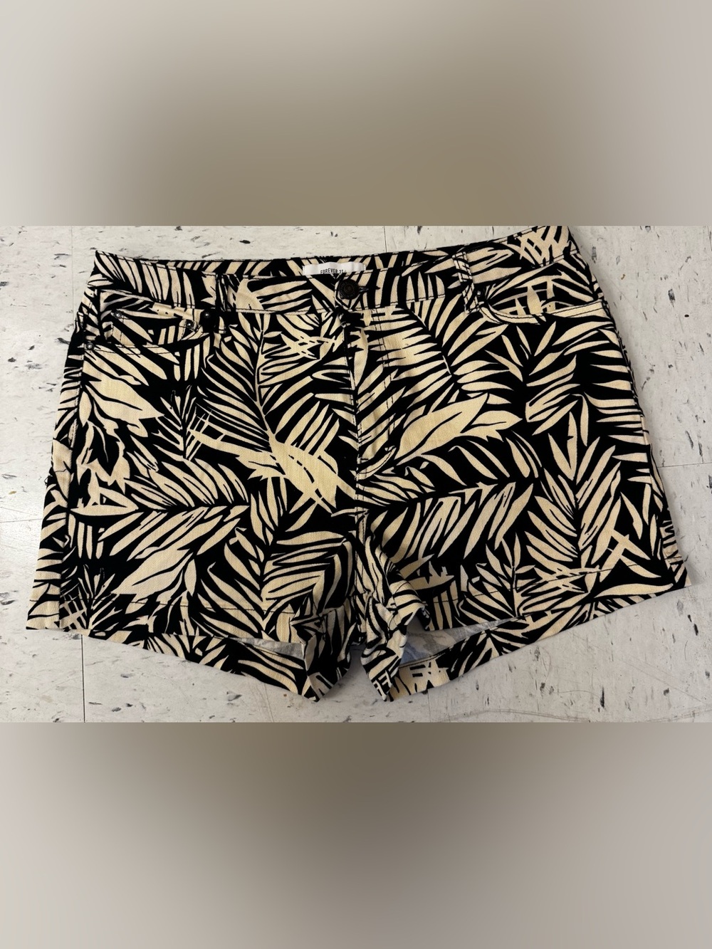 Forever 21 + Black and Cream Palm-Leaf Jean Shorts